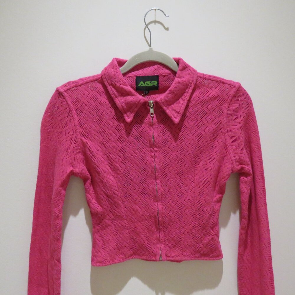 AGR Pointelle Lace Cropped Shirt in Vibrant Pink Preppy Avant Garde Y2K XS NWT - Picture 4 of 15